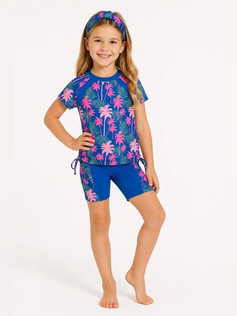Grace Karin Girls Swimwear Set NWT Size 14Y blue pink tropical rashguard shorts